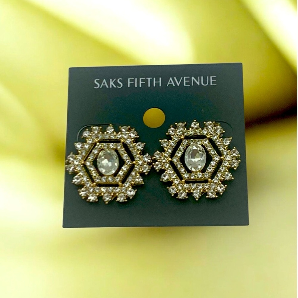Saks Fifth Avenue Gold Plated & Clear Crystal Octagon Costume Jewelry Earrings - Picture 2 of 4
